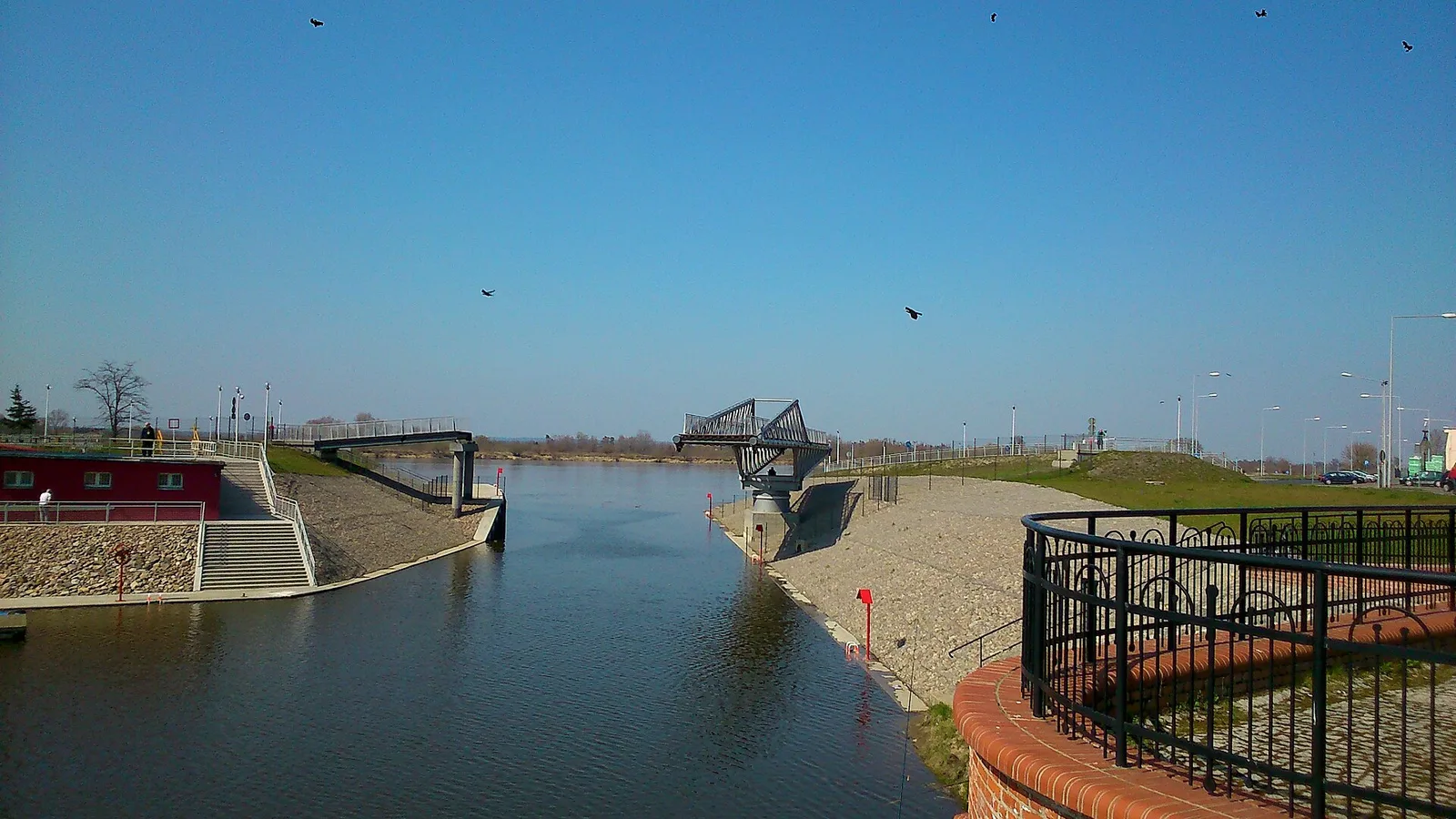 Open swing bridge at entrance to Grudziądz Marina, Poland