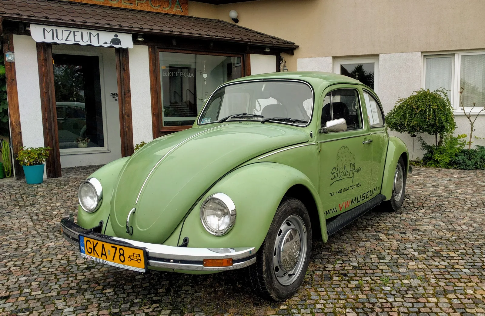 zielony volkswagen garbus z logo Galerii Pępowo przed wejściem do muzeum