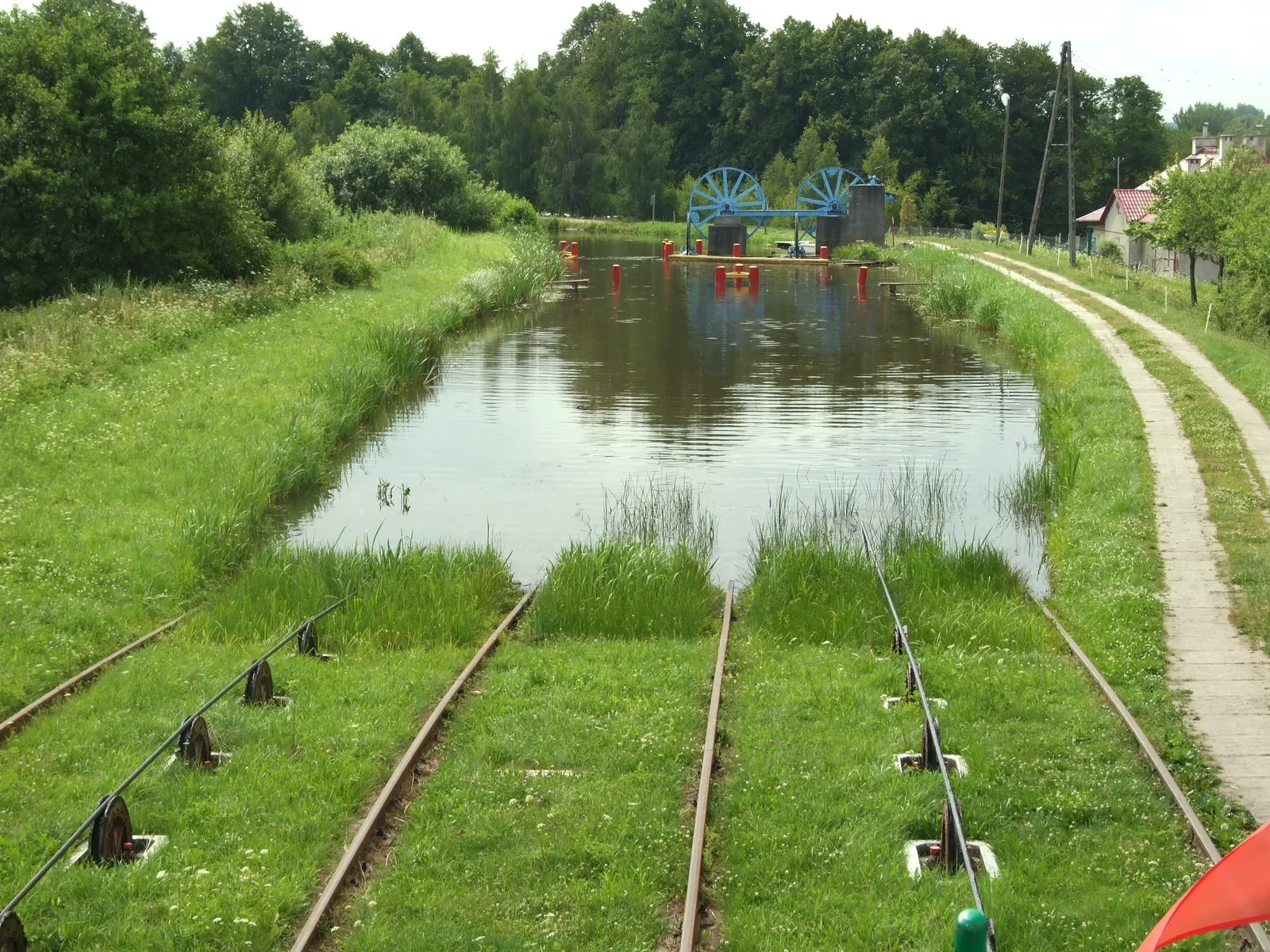 Oleśnica boat lift on Elblag-Ośtróda canal; the ship is arriving to the elevated part of the canal, Poland