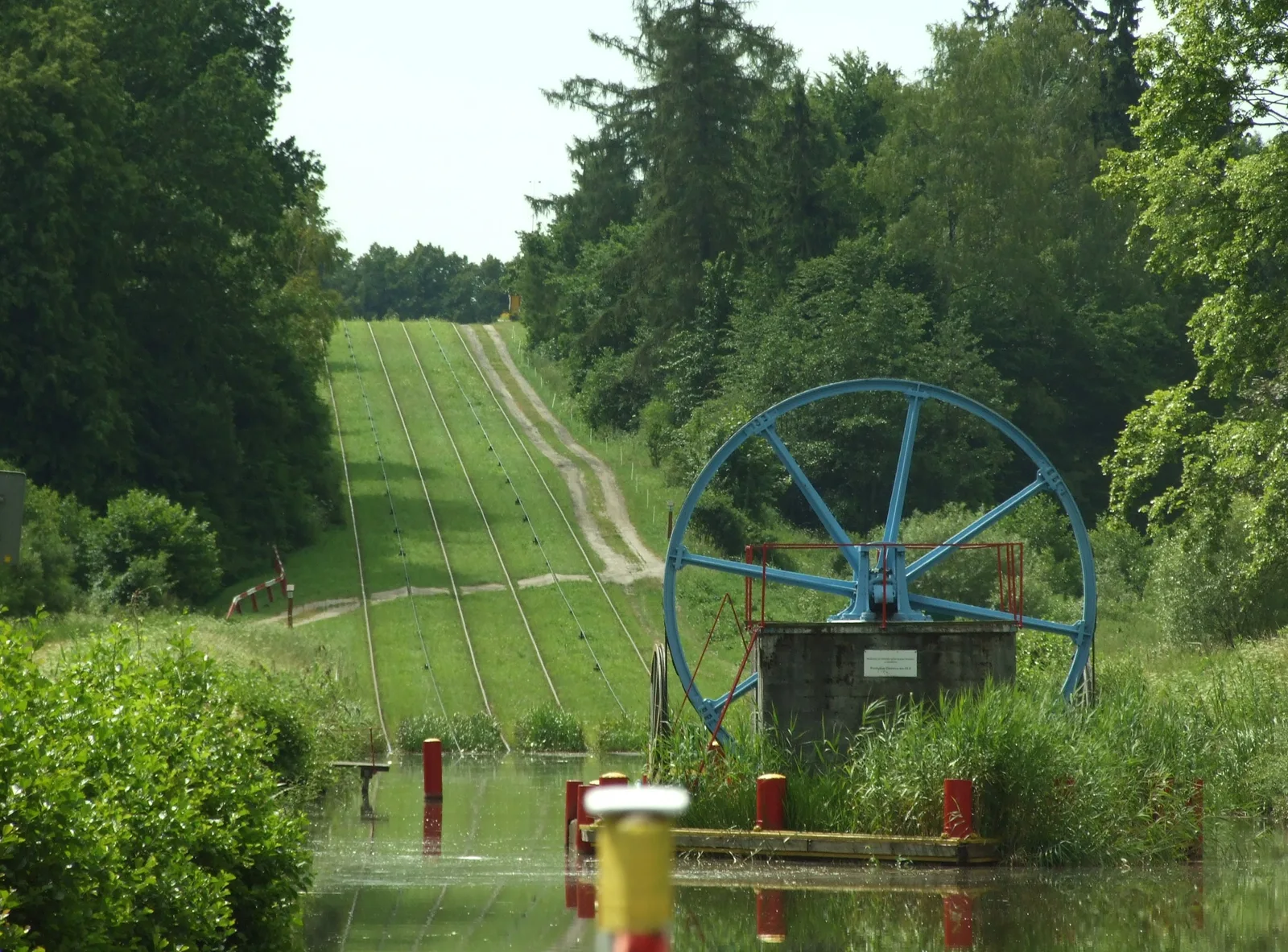 Oleśnica boat lift - a boat is transported to elevated part of the canal on a special device in a similar way like i. e. cabin on a funicular. Warmian-Masurian voivodeship, Poland
