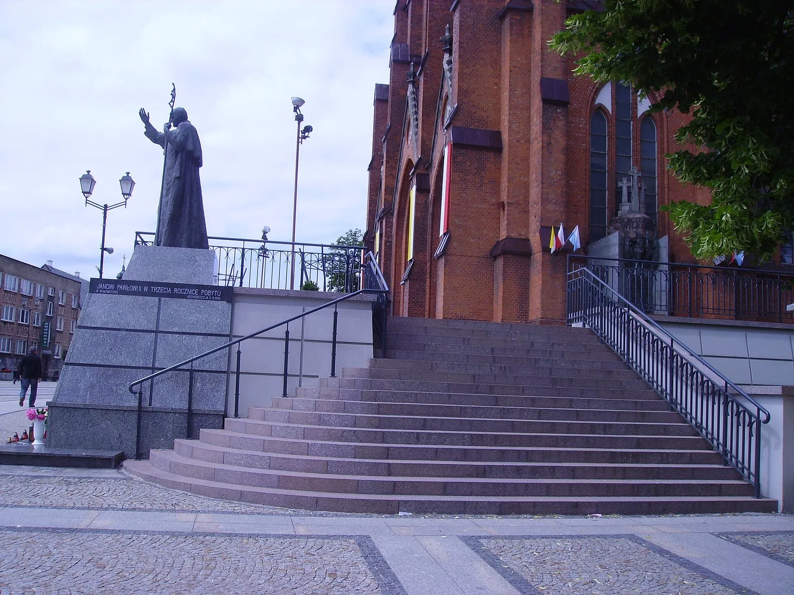 Białystok (Poland). Outside stairs of the Basilica Cathedral and John Paul II Monument