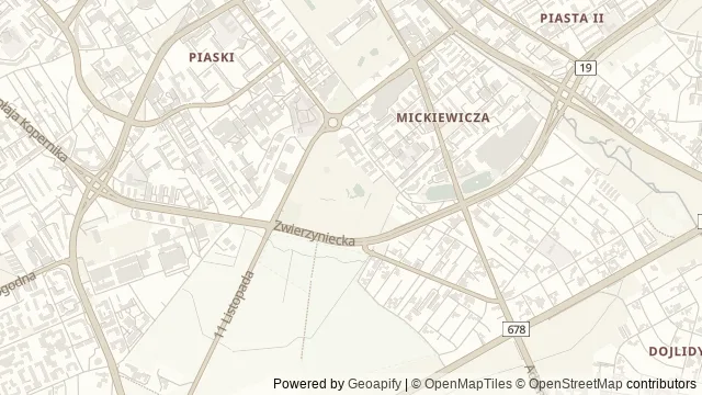 Mapa okolicy: Akcent ZOO — Białystok. Podgląd obejmuje około 3,6 km w poziomie.