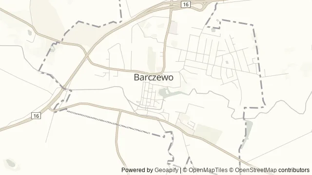 Mapa okolicy: Barczewo — bernardyni, Batory i Nowowiejski — Barczewo, Warmia. Podgląd obejmuje około 3,6 km w poziomie.