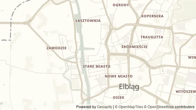 Mapa okolicy: Brama Targowa w Elblągu — Elbląg. Podgląd obejmuje około 3,6 km w poziomie.