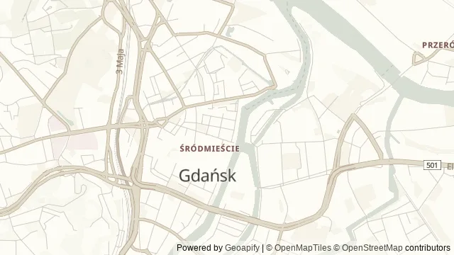 Mapa okolicy: Centrum św. Jana — Gdańsk. Podgląd obejmuje około 3,6 km w poziomie.