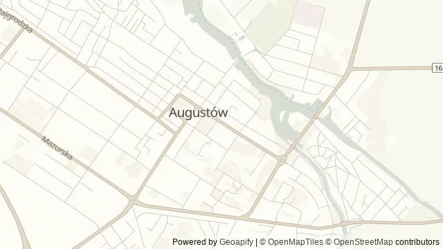 Mapa okolicy: Dom Pamięci Obławy Augustowskiej — Augustów. Podgląd obejmuje około 3,6 km w poziomie.