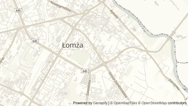 Mapa okolicy: Filharmonia Kameralna im. Witolda Lutosławskiego w Łomży — Łomża. Podgląd obejmuje około 3,6 km w poziomie.