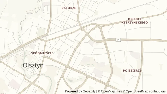 Mapa okolicy: Warmińsko-Mazurska Filharmonia im. Feliksa Nowowiejskiego w Olsztynie — Olsztyn. Podgląd obejmuje około 3,6 km w poziomie.