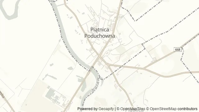 Mapa okolicy: Forty w Piątnicy Poduchownej — zespół „Główna Osłona” Twierdzy Łomża (forty I, II i III) — Piątnica Poduchowna, Łomża. Podgląd obejmuje około 3,6 km w poziomie.