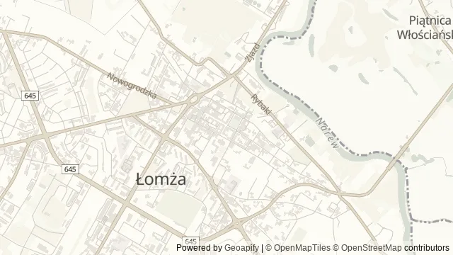 Mapa okolicy: Galeria Pod Arkadami w Łomży — Łomża. Podgląd obejmuje około 3,6 km w poziomie.