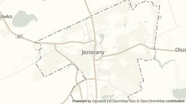 Mapa okolicy: Jeziorany — kościół i szachownicowe miasto — Jeziorany, Warmia. Podgląd obejmuje około 3,6 km w poziomie.