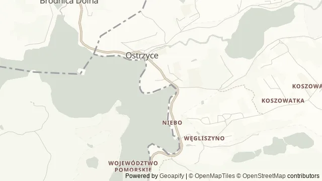 Mapa okolicy: Kąpielisko i molo nad Jeziorem Ostrzyckim — Ostrzyce, Kaszuby. Podgląd obejmuje około 3,6 km w poziomie.