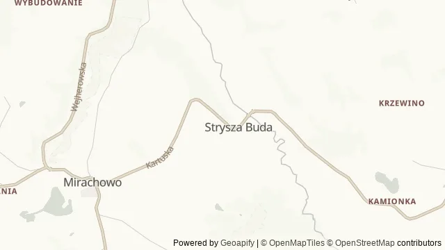 Mapa okolicy: Kaszubski Park Miniatur i Park Gigantów — Strysza Buda (gm. Kartuzy), Kaszuby. Podgląd obejmuje około 3,6 km w poziomie.