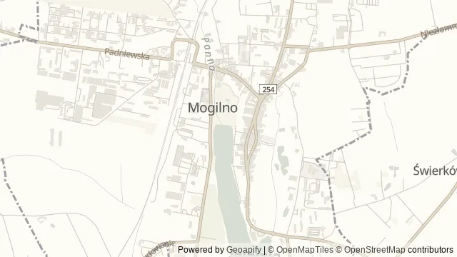 Mapa okolicy: Klasztor Zakonu Braci Mniejszych Kapucynów w Mogilnie — Mogilno, Kujawy i Pałuki. Podgląd obejmuje około 3,6 km w poziomie.