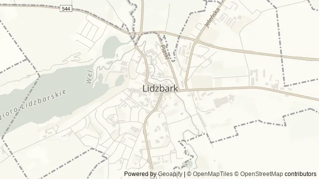 Mapa okolicy: Kościół ewangelicki w Lidzbarku — Lidzbark, Mazury Południowe. Podgląd obejmuje około 3,6 km w poziomie.