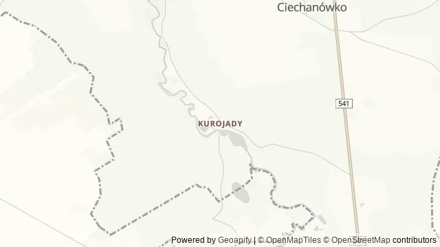Mapa okolicy: Młyn wodny w Kurojadach — Kurojady, Mazury Południowe. Podgląd obejmuje około 3,6 km w poziomie.