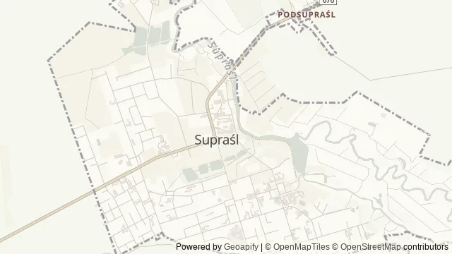 Mapa okolicy: Monaster Zwiastowania Przenajświętszej Bogurodzicy w Supraślu — Supraśl, Puszcza Knyszyńska. Podgląd obejmuje około 3,6 km w poziomie.