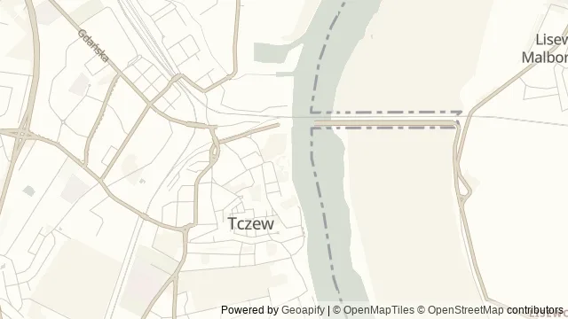 Mapa okolicy: Most Tczewski — Tczew, Dolna Wisła i Powiśle. Podgląd obejmuje około 3,6 km w poziomie.