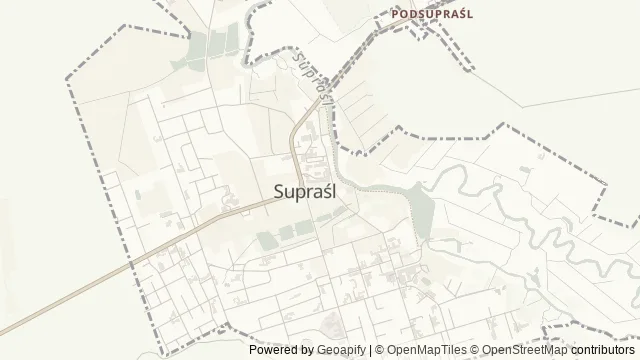 Mapa okolicy: Muzeum Ikon w Supraślu — Supraśl, Puszcza Knyszyńska. Podgląd obejmuje około 3,6 km w poziomie.