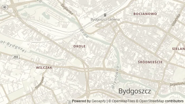 Mapa okolicy: Muzeum Kanału Bydgoskiego im. Sebastiana Malinowskiego — Bydgoszcz. Podgląd obejmuje około 3,6 km w poziomie.