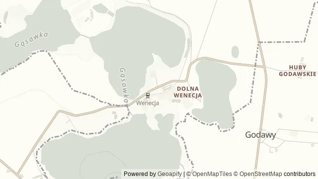 Mapa okolicy: Muzeum Kolei Wąskotorowej w Wenecji — Wenecja, Kujawy i Pałuki. Podgląd obejmuje około 3,6 km w poziomie.