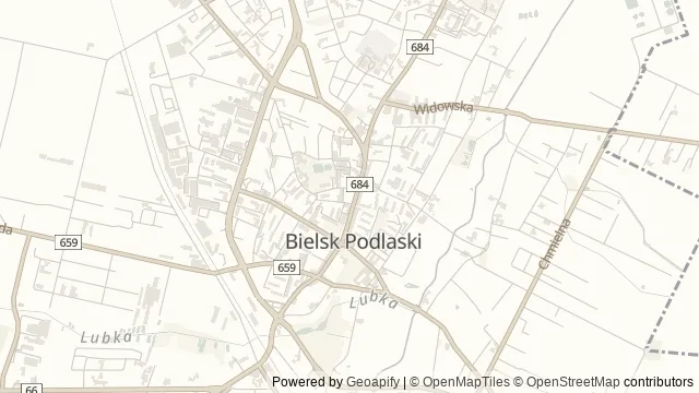 Mapa okolicy: Muzeum Obojga Narodów w Bielsku Podlaskim — Bielsk Podlaski, Puszcza Białowieska. Podgląd obejmuje około 3,6 km w poziomie.