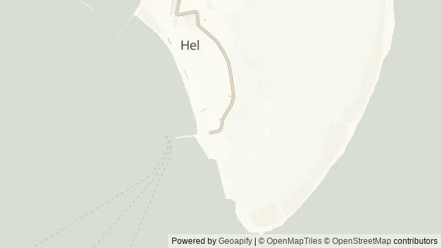 Mapa okolicy: Muzeum Obrony Wybrzeża w Helu — Hel, Półwysep Helski i Ziemia Pucka. Podgląd obejmuje około 3,6 km w poziomie.