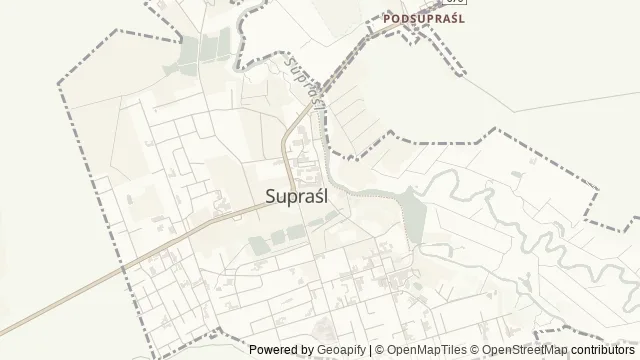 Mapa okolicy: Muzeum Sztuki Drukarskiej i Papiernictwa w Supraślu — Supraśl, Puszcza Knyszyńska. Podgląd obejmuje około 3,6 km w poziomie.