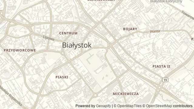 Mapa okolicy: Muzeum Uniwersytetu Medycznego w Białymstoku i Pałacu Branickich — Białystok. Podgląd obejmuje około 3,6 km w poziomie.