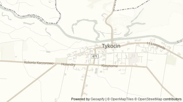 Mapa okolicy: Muzeum w Tykocinie — Wielka Synagoga i Dom Talmudyczny — Tykocin, Biebrza. Podgląd obejmuje około 3,6 km w poziomie.