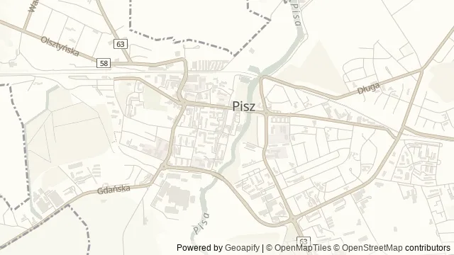 Mapa okolicy: Muzeum Ziemi Piskiej w Piszu — Pisz, Mazury. Podgląd obejmuje około 3,6 km w poziomie.