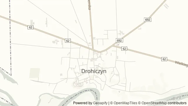 Mapa okolicy: Nadbużańskie Centrum Turystyki Kajakowej — Drohiczyn, Podlasie Nadbużańskie. Podgląd obejmuje około 3,6 km w poziomie.