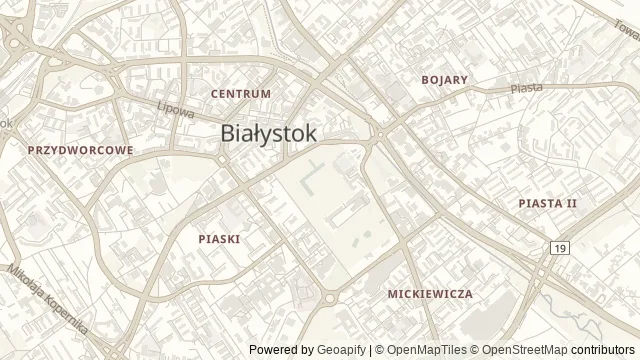 Mapa okolicy: Ogród Branickich — Białystok. Podgląd obejmuje około 3,6 km w poziomie.