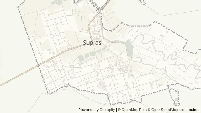 Mapa okolicy: Ogród Saski w Supraślu (Park Miejski) z suchą tężnią solną — Supraśl, Puszcza Knyszyńska. Podgląd obejmuje około 3,6 km w poziomie.