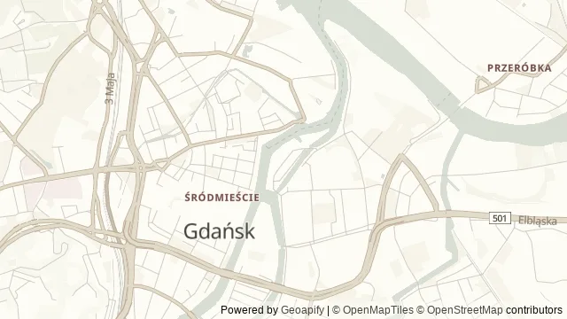 Mapa okolicy: Ołowianka — Gdańsk. Podgląd obejmuje około 3,6 km w poziomie.