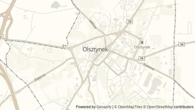 Mapa okolicy: Olsztynek — ratusz, zamek i Dom Mrongowiusza — Olsztynek, Pojezierze Iławskie. Podgląd obejmuje około 3,6 km w poziomie.