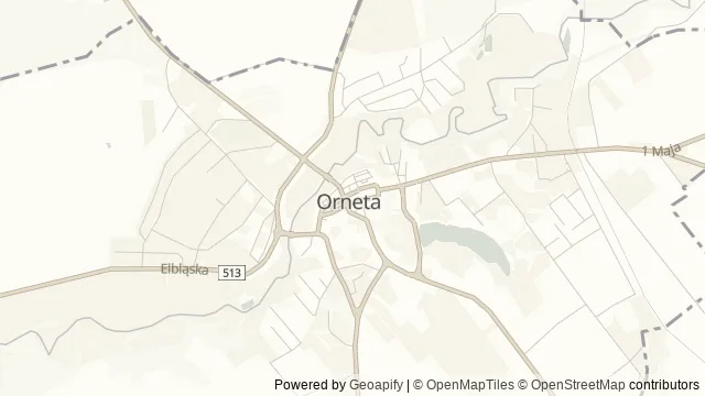 Mapa okolicy: Orneta — ratusz i bazylika — Orneta, Warmia. Podgląd obejmuje około 3,6 km w poziomie.