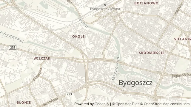 Mapa okolicy: Park nad Starym Kanałem Bydgoskim — Bydgoszcz. Podgląd obejmuje około 3,6 km w poziomie.