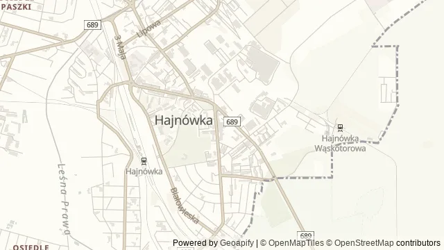 Mapa okolicy: Park Wodny w Hajnówce — Hajnówka, Puszcza Białowieska. Podgląd obejmuje około 3,6 km w poziomie.