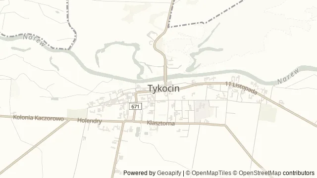 Mapa okolicy: Plac Czarnieckiego w Tykocinie — Tykocin, Biebrza. Podgląd obejmuje około 3,6 km w poziomie.