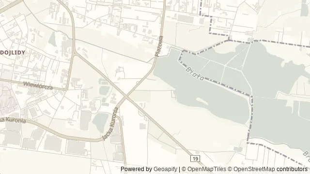 Mapa okolicy: Ośrodek Sportów Wodnych „Dojlidy" (plaża miejska Dojlidy) — Białystok. Podgląd obejmuje około 3,6 km w poziomie.