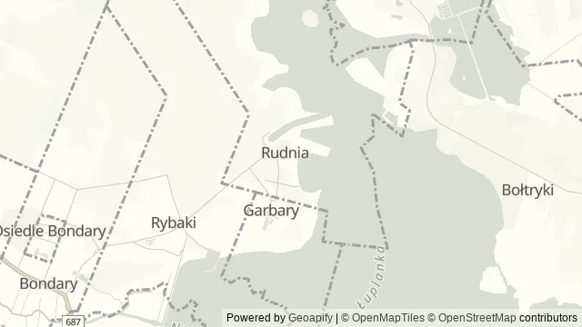 Mapa okolicy: Plaża w Rudni nad Zalewem Siemianówka — Rudnia, Puszcza Białowieska. Podgląd obejmuje około 3,6 km w poziomie.