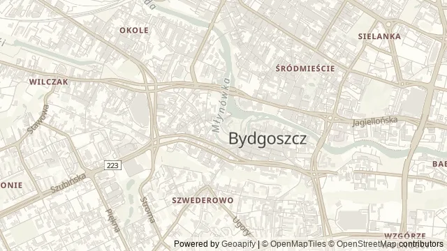 Mapa okolicy: Punkt widokowy w Młynach Rothera — Bydgoszcz. Podgląd obejmuje około 3,6 km w poziomie.