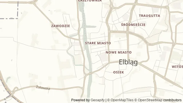 Mapa okolicy: Rejs Kanałem Elbląskim — Elbląg. Podgląd obejmuje około 3,6 km w poziomie.