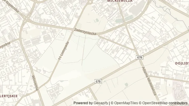 Mapa okolicy: Rezerwat przyrody Las Zwierzyniecki — Białystok. Podgląd obejmuje około 3,6 km w poziomie.