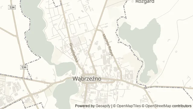 Mapa okolicy: Ruiny zamku biskupów chełmińskich w Wąbrzeźnie — Wąbrzeźno, Ziemia chełmińska. Podgląd obejmuje około 3,6 km w poziomie.