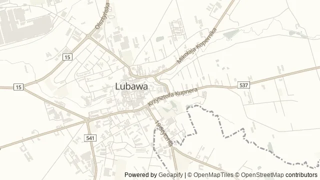Mapa okolicy: Ruiny zamku biskupów chełmińskich i kościół farny w Lubawie — Lubawa, Pojezierze Iławskie. Podgląd obejmuje około 3,6 km w poziomie.