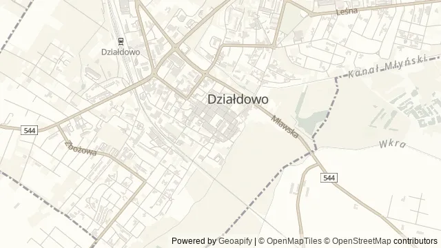 Mapa okolicy: Rynek na Placu Mickiewicza z Ratuszem Miejskim w Działdowie — Działdowo, Mazury Południowe. Podgląd obejmuje około 3,6 km w poziomie.