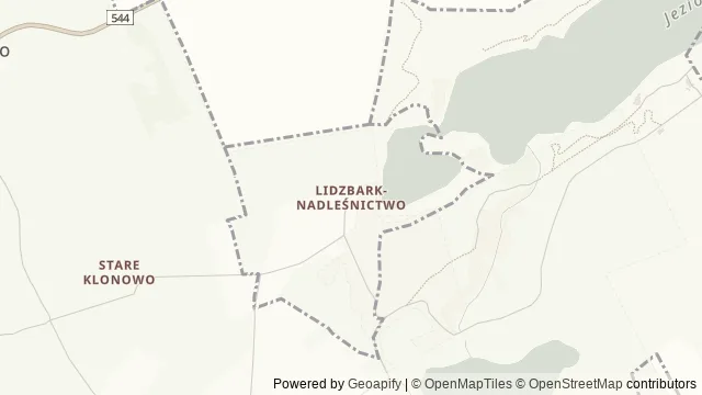 Mapa okolicy: Ścieżka edukacyjna „Nad Jeziorem Lidzbarskim”, Nadleśnictwo Lidzbark — Lidzbark, Mazury Południowe. Podgląd obejmuje około 3,6 km w poziomie.