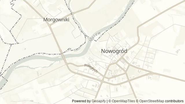 Mapa okolicy: Muzeum – Skansen Kurpiowski im. Adama Chętnika w Nowogrodzie — Nowogród, Łomża. Podgląd obejmuje około 3,6 km w poziomie.